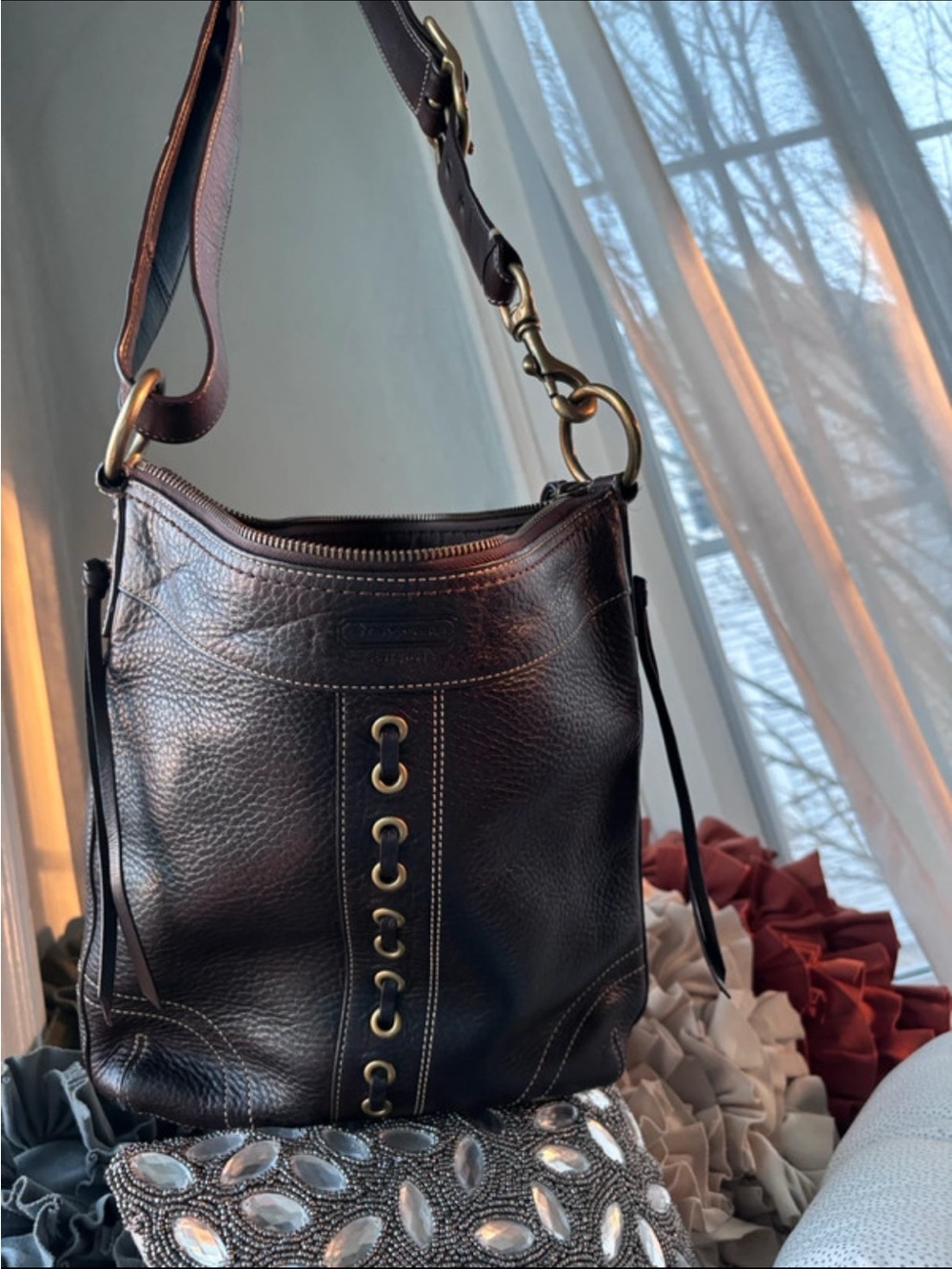 Coach Brown Pebbled Leather Drawstring Shoulder Bag with Brass Hardware